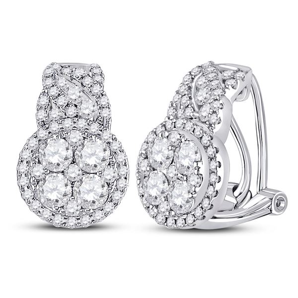 Round Diamond French-clip Hoop Cluster Earrings 1-5/8 Cttw 14KT White Gold