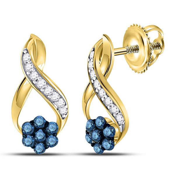 Round Blue Color Enhanced Diamond Cluster Earrings 1/5 Cttw 10KT Yellow Gold