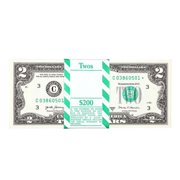 Pack of (100) Consecutive 2017A $2 Federal Reserve STAR Notes Philadelphia