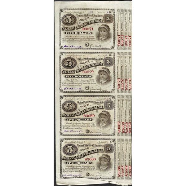Uncut Sheet of (4) State of Louisiana Baby Bond Obsolete Notes