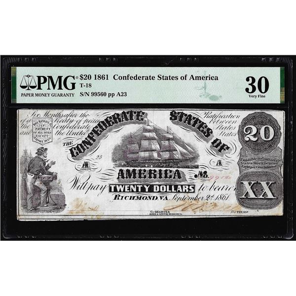 1861 $20 Confederate States of America Note T-18 PMG Very Fine 30