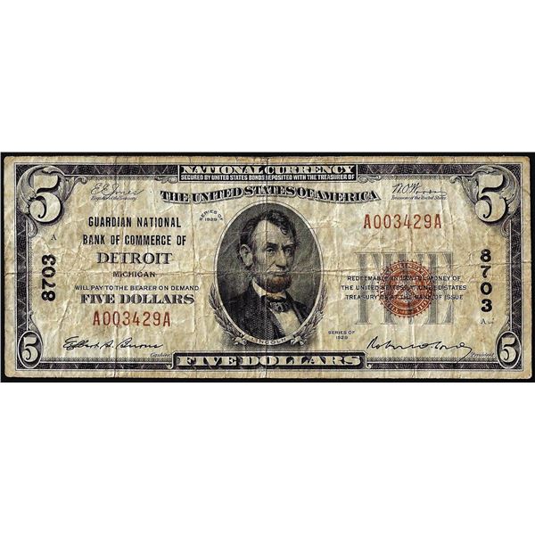 1929 $5 Guardian NB of Commerce of Detroit, MI CH# 8703 National Currency Note