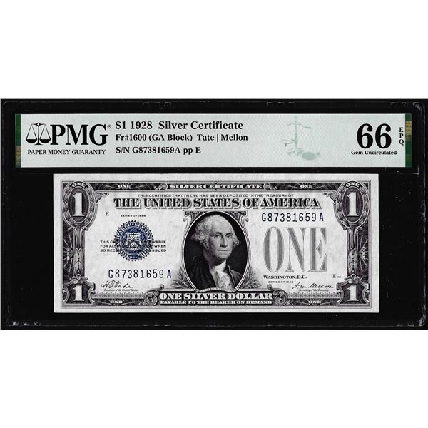 1928 $1 Funnyback Silver Certificate Note Fr.1600 PMG Gem Uncirculated 66EPQ
