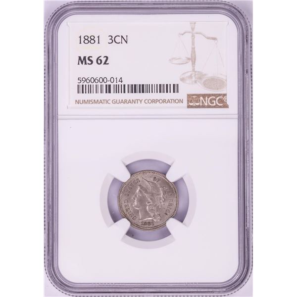 1881 Three Cent Nickel Coin NGC MS62