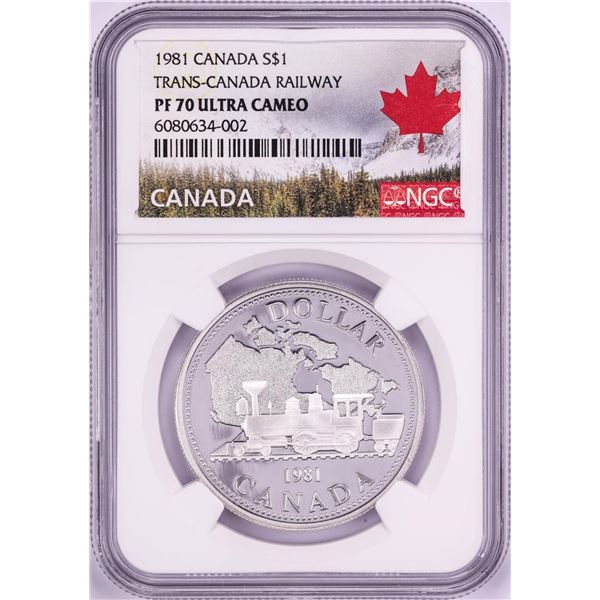 1981 $1 Proof Trans-Canada Railway Silver Dollar Coin NGC PF 70 Ultra Cameo