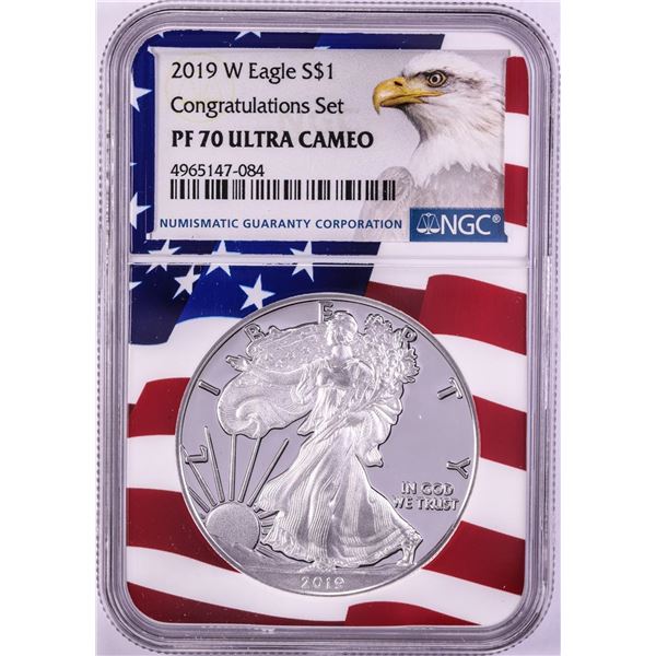2019-W $1 Proof American Silver Eagle Coin NGC PF70 Ultra Cameo Congratulations Flag