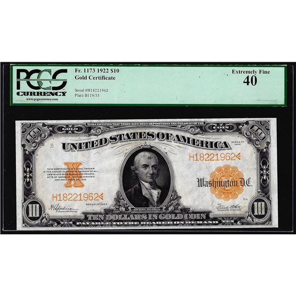 1922 $10 Gold Certificate Note Fr.1173 PCGS Extremely Fine 40