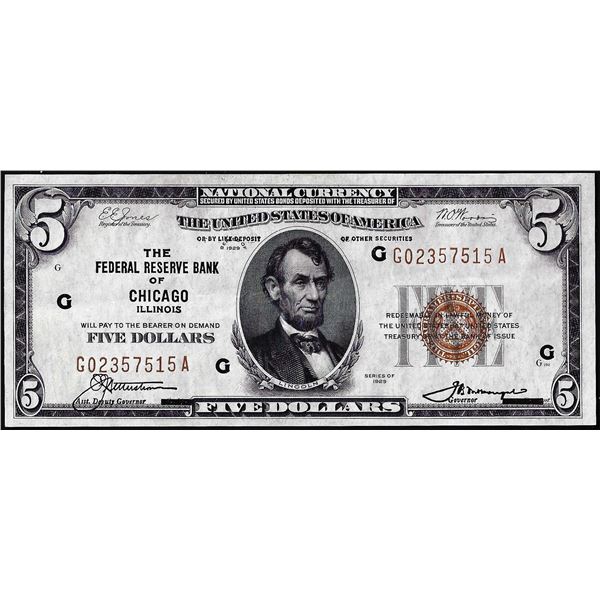 1929 $5 Federal Reserve Bank Note Chicago