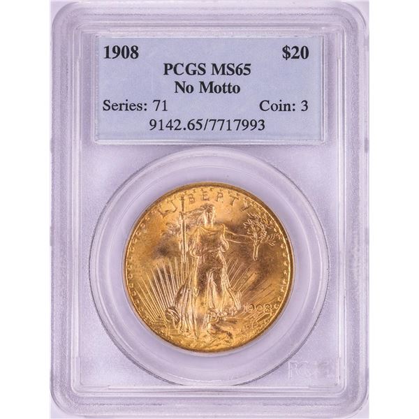 1908 No Motto $20 St. Gaudens Double Eagle Gold Coin PCGS MS65