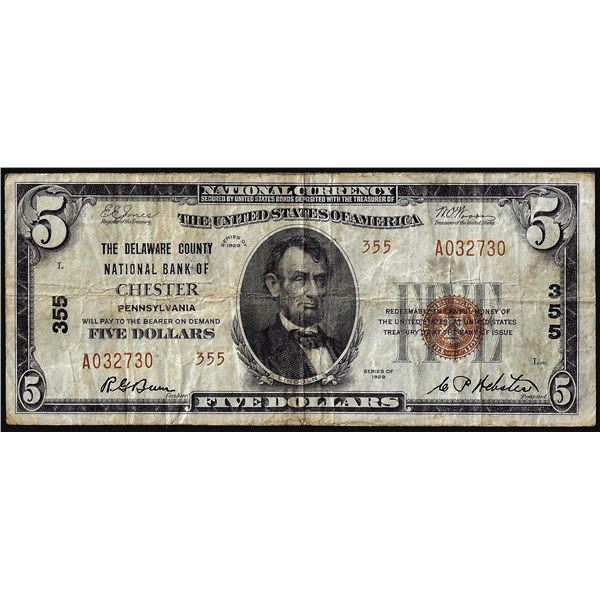 1929 $5 The Delaware County NB of Chester Pennsylvania CH# 355 National Currency Note
