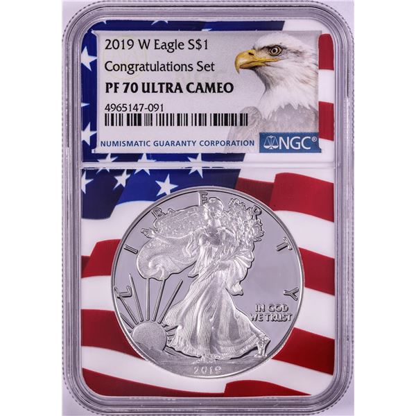 2019-W $1 Proof American Silver Eagle Coin NGC PF70 Ultra Cameo Congratulations Flag