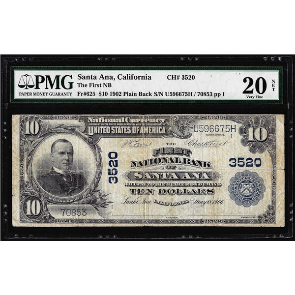 1902 $10 The First NB of Santa Ana, CA National Note CH# 3520 PMG Very Fine 20 Net