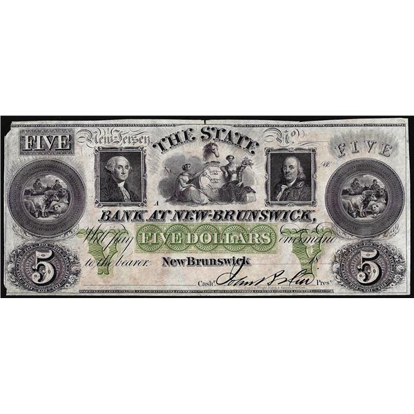 1800's $5 State Bank of New Brunswick New Jersey Obsolete Note