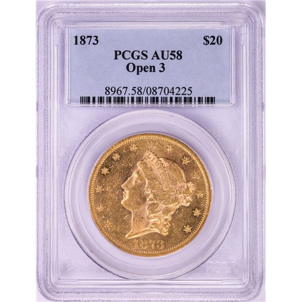 1873 Open 3 $20 Liberty Head Double Eagle Gold Coin PCGS AU58