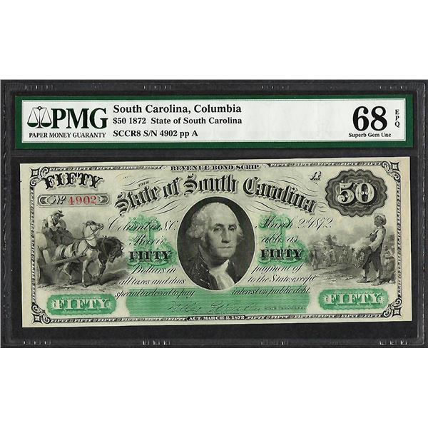 1872 $50 State of South Carolina Revenue Bond Obsolete Note PMG Superb Gem Unc. 68EPQ