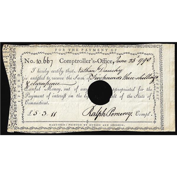 June 25, 1790 State of Connecticut Interest Certificate Colonial Note