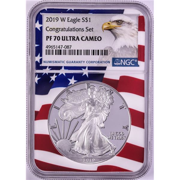 2019-W $1 Proof American Silver Eagle Coin NGC PF70 Ultra Cameo Congratulations Flag