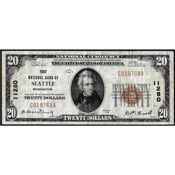 1929 $20 First NB of Seattle, WA CH# 11280 National Currency Note