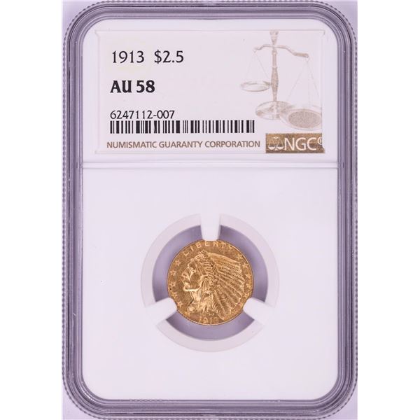 1913 $2 1/2 Indian Head Quarter Eagle Gold Coin NGC AU58