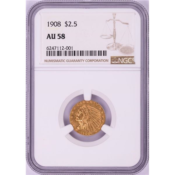 1908 $2 1/2 Indian Head Quarter Eagle Gold Coin NGC AU58