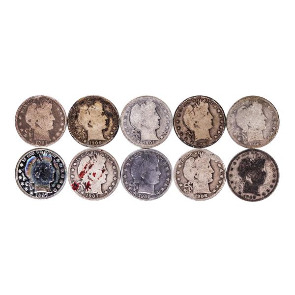 Lot of (10) Mixed Date Barber Half Dollar Coins