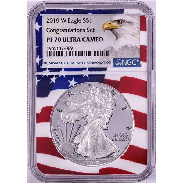 2019-W $1 Proof American Silver Eagle Coin NGC PF70 Ultra Cameo Congratulations Flag