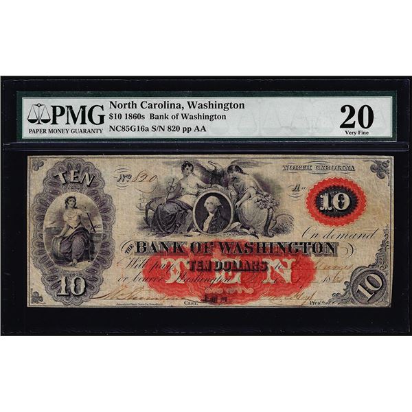 1860's $10 Bank of Washington North Carolina Obsolete Note PMG Very Fine 20