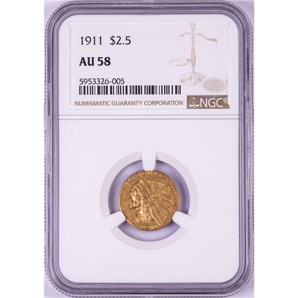1911 $2 1/2 Indian Head Quarter Eagle Gold Coin NGC AU58
