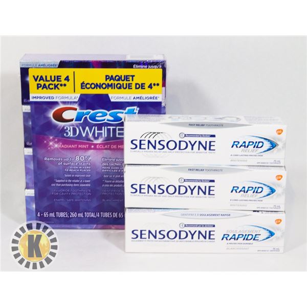 BAG OF CREST 3D AND SENSODYNE TOOTHPASTE