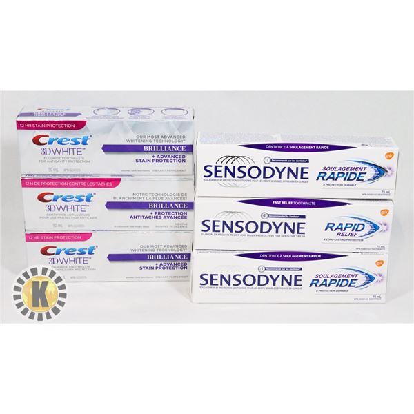 BAG OF CREST 3D WHITE AND SENSODYNE TOOTHPASTE