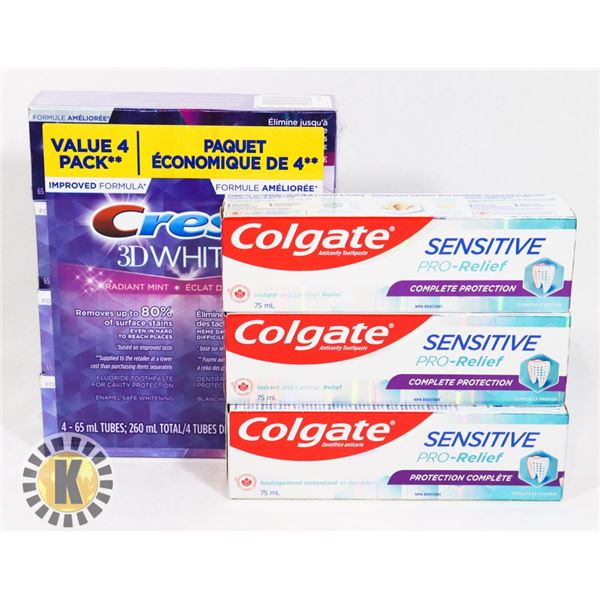 BAG OF CREST 3D WHITE AND COLGATE TOOTHPASTE