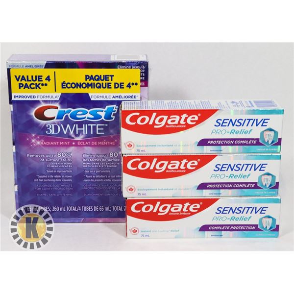 BAG OF CREST 3D WHITE AND COLGATE TOOTHPASTE