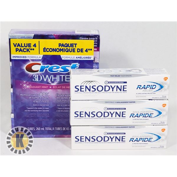 BAG OF CREST 3D WHITE AND SENSODYNE TOOTHPASTE