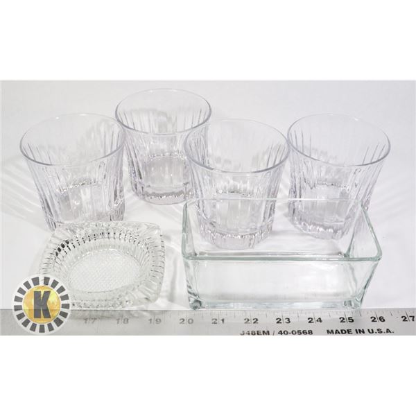 4 SHORT GLASSES, GLASS  ASH TRAY AND DISH