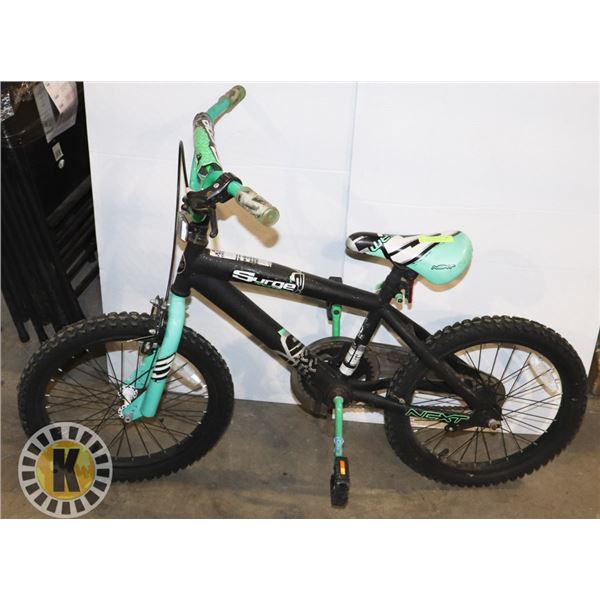 NEXT, GREEN/ BLACK KIDS OR SMALL TEEN BIKE