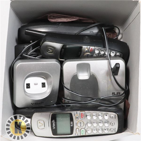 BOX OF VTECH PHONES AND CHARGERS