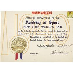 1940 Babe Ruth Signed "Academy of Sport" Cert