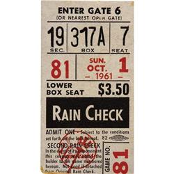 1961 Roger Maris Sixty-First Home Run Ticket Stu