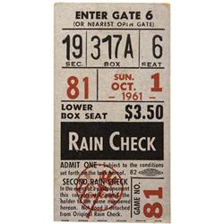 1961 Roger Maris Sixty-First Home Run Ticket Stu