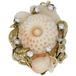 Carved Coral, Diamond, Gold Ring