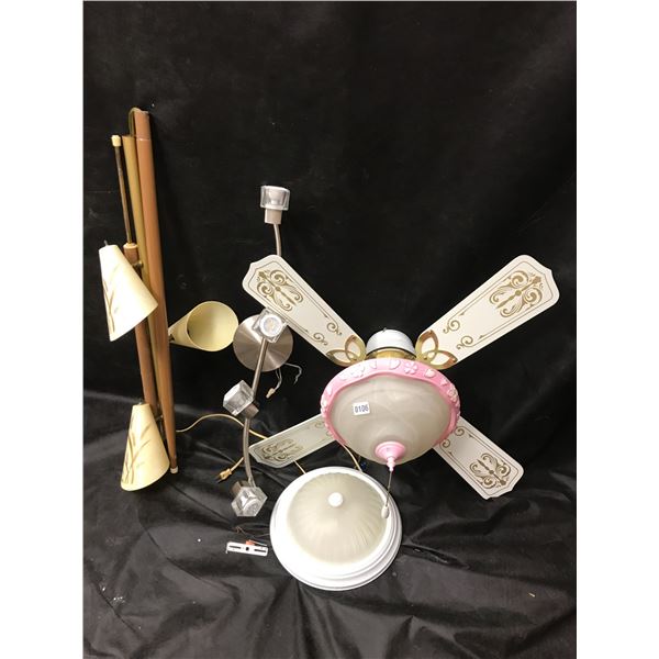 Pink Children's Ceiling Fan, Mid Century Modern 3 Light Tension Pole and Ceiling Light