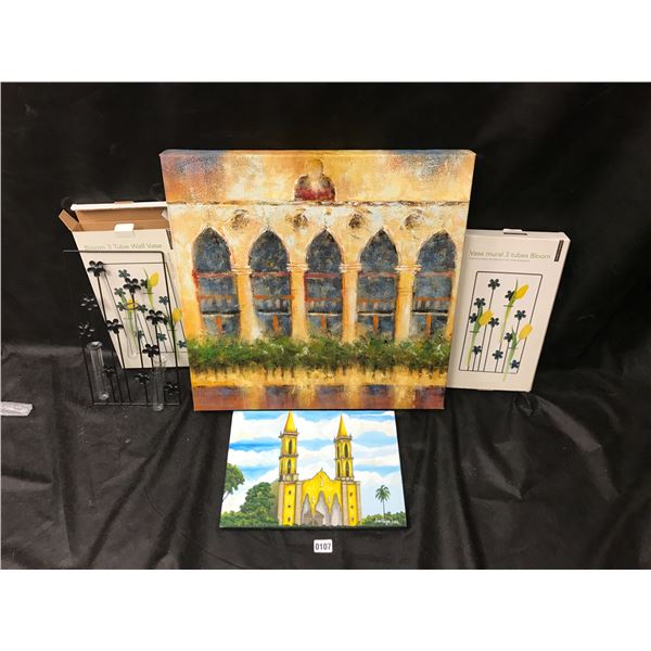 Two Bloom 3 Wall Vases & Two Pictures