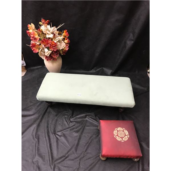 Green Upholstered Bench, Burgandy Foot Stool & Large Vase w Silk Flowers