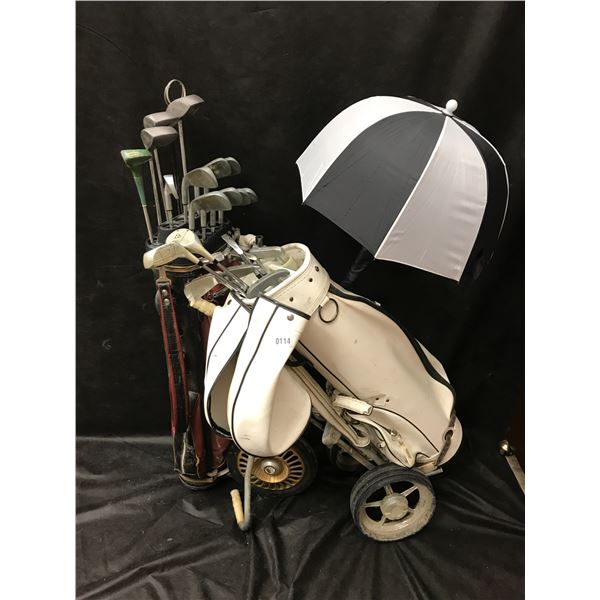 Vintage Golf Bag, Umbrella & Spalding/Northwestern Golf Clubs