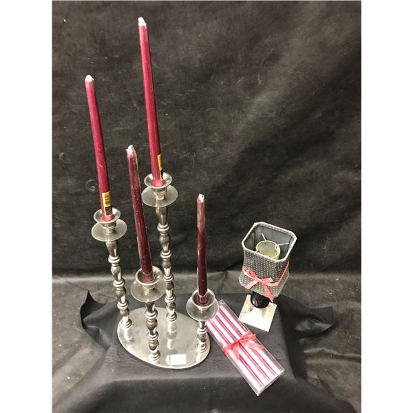 Silver Candelabra, Candle Holder w Shade & Red Candles