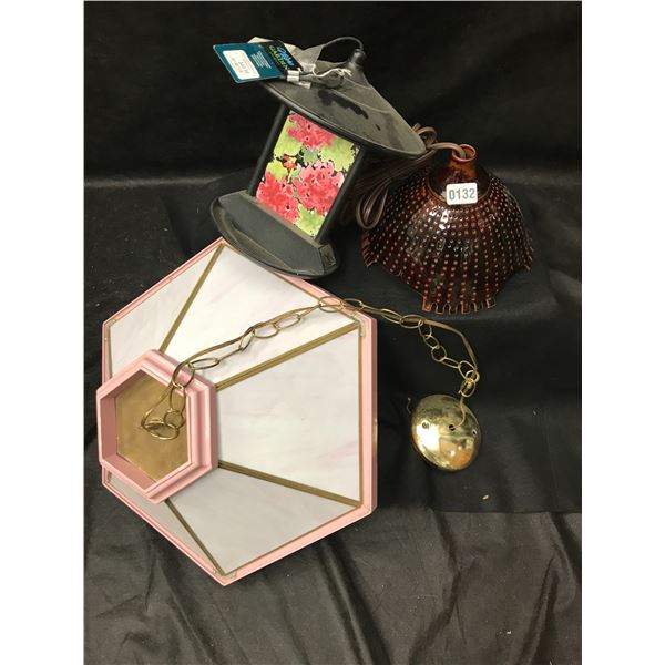 Mauve & Brass Swag Light, Porcelain Hanging Light & Colourful Bird Feeder
