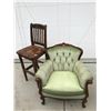 Image 1 : Vintage Hand Carved Wood Chair Upholstered w Green Velvet & Solid Wood Bar Stool