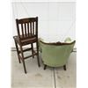 Image 2 : Vintage Hand Carved Wood Chair Upholstered w Green Velvet & Solid Wood Bar Stool