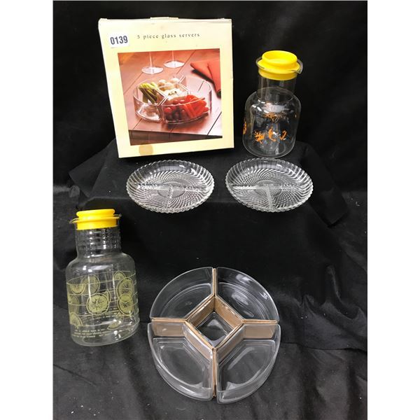 2 Vintage Juice Jugs , 5 Piece Glass Server & 2 Pickle Dishes