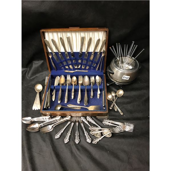 Fondue Set, Silver Utensils & Blue Velvet Lined Box